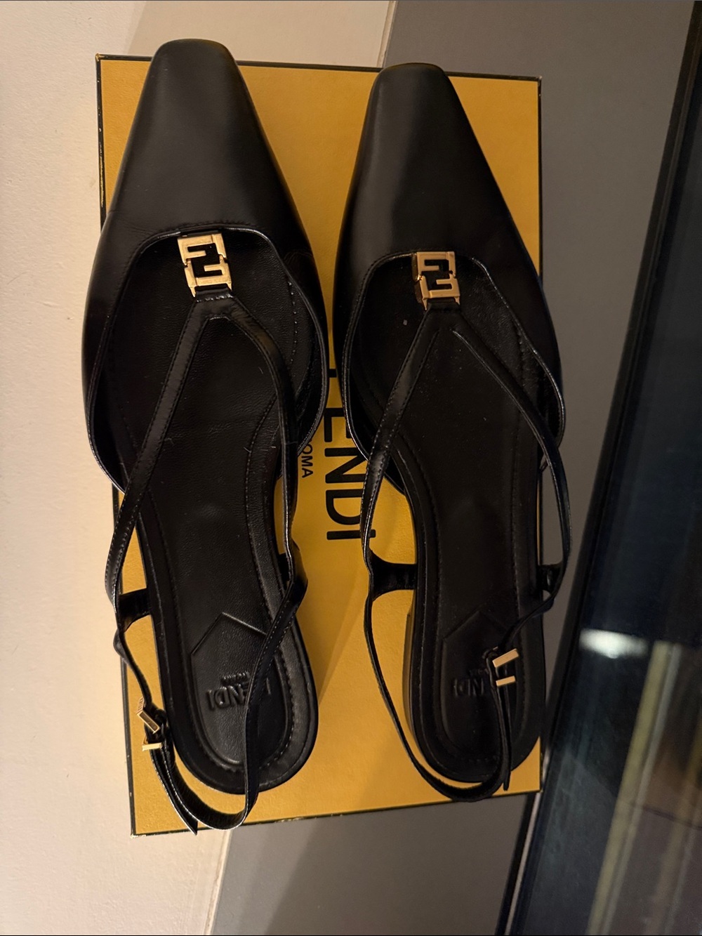 Fendi Black Leather Pointed Slingback Mules with Gold FF Accent